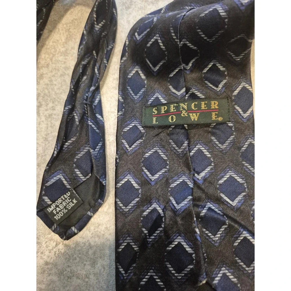 Spencer Lowe Silk Necktie Black Blue Diamond Pattern‎ Luxury Men's Tie